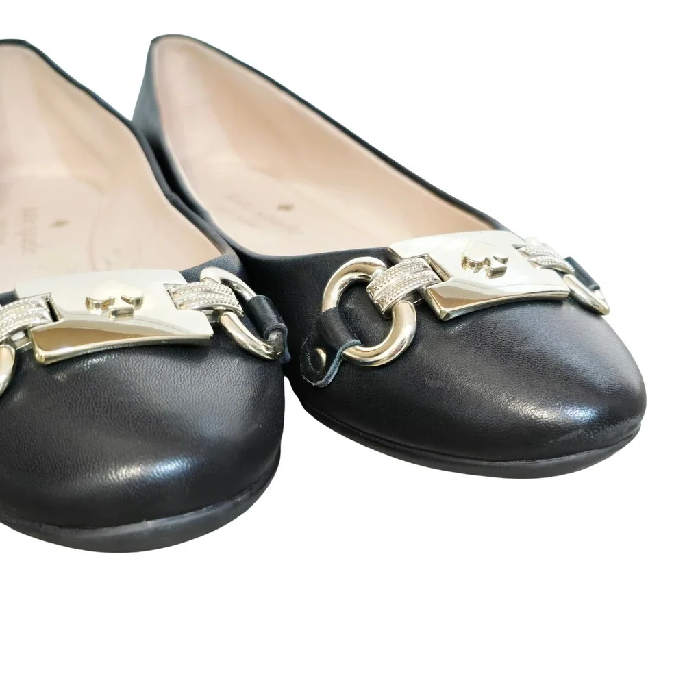 Kate Spade Payton Black Leather Flats Gold Hardware Spade Logo Size 6.5B A23/138